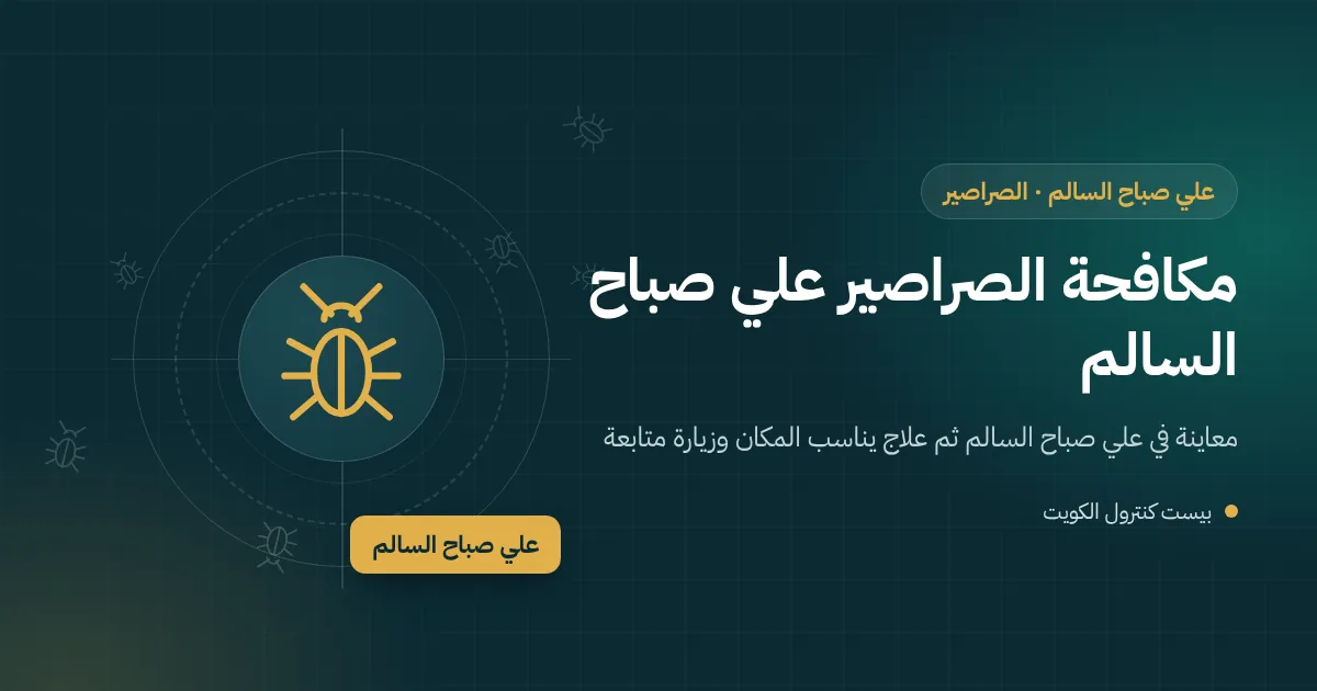 رسم توضيحي لصرصور كبير يخرج من غرفة تفتيش في حوش بيت وصرصور صغير داخل خزانة مطبخ في علي صباح السالم