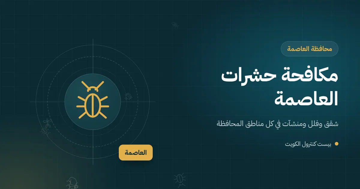 رسم توضيحي لمدينة الكويت يجمع مباني وسط العاصمة وفلل الضواحي ومخازن الشويخ مع فني مكافحة حشرات