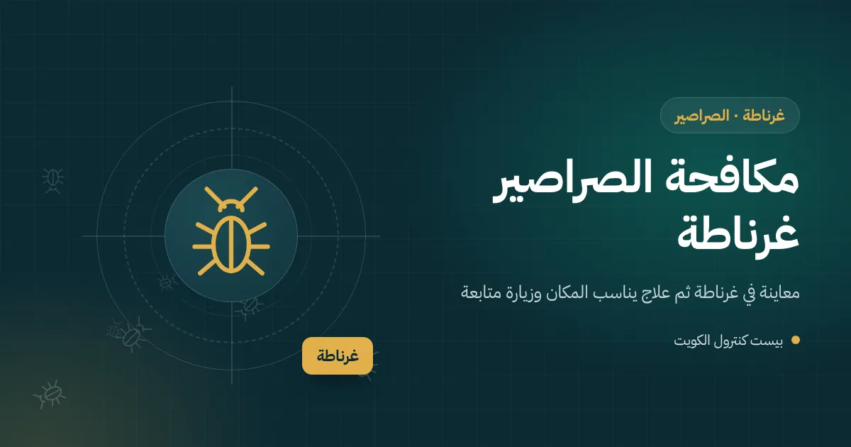 رسم توضيحي لمطبخ مجدد في بيت بغرناطة مع خزانة مفتوحة يظهر خلفها صرصور ألماني وفني يضع طعمًا هلاميًا