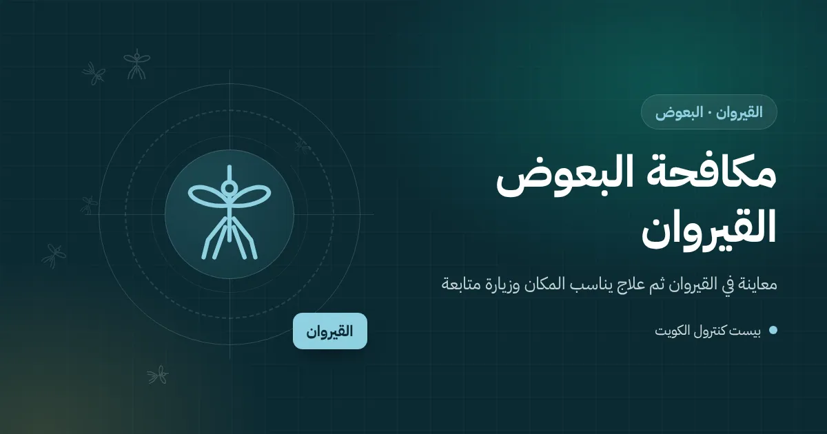 رسم توضيحي لجلسة خارجية في حديقة بالقيروان مساءً قرب نافورة زينة وأصص مع بعوض وفني يفحص صحن أصيص