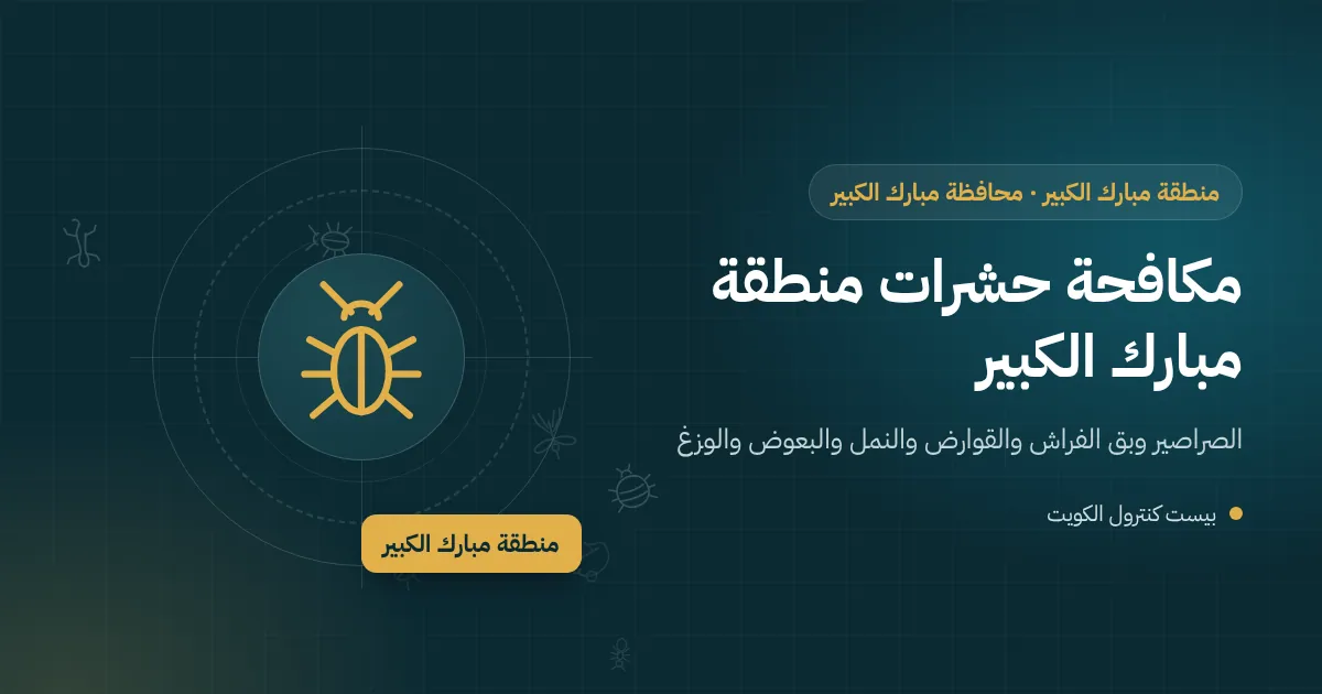 رسم توضيحي لبيت عائلي في منطقة مبارك الكبير بملحق على السطح ومظلة في الحوش مع رموز لآفات منزلية